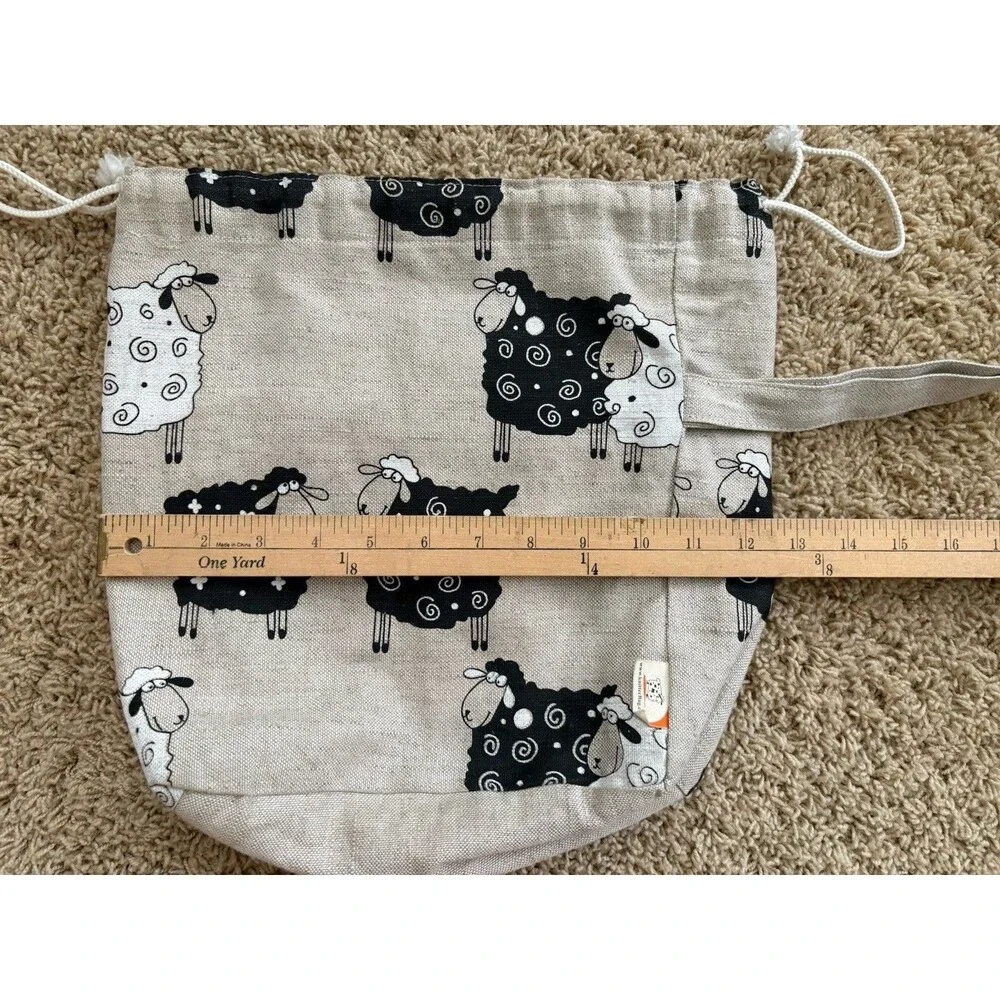 Linen Drawstring Bag Beige With Sheep Print Great For Knitting Crochet Projects